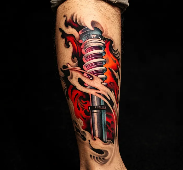 Tatuagem colorida de amortecedor com chamas na panturrilha