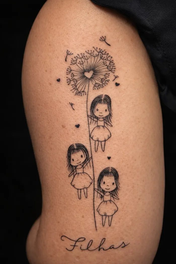 Tatuagem fineline de dente-de-leão com a palavra Filhas