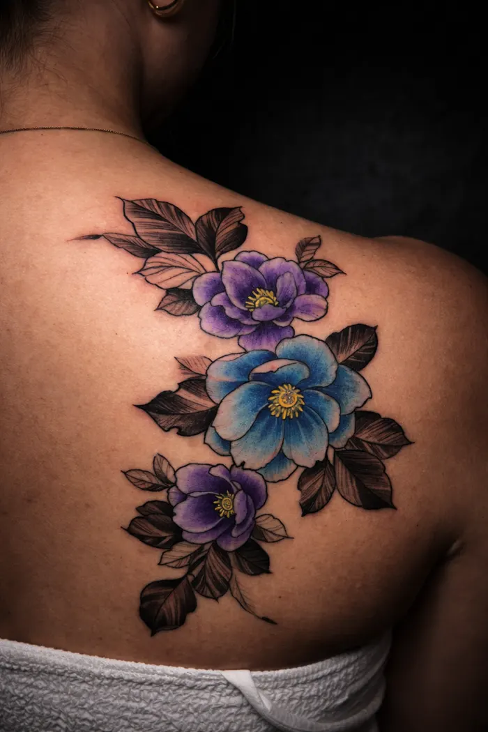 Flores azuis e roxas tatuadas no ombro