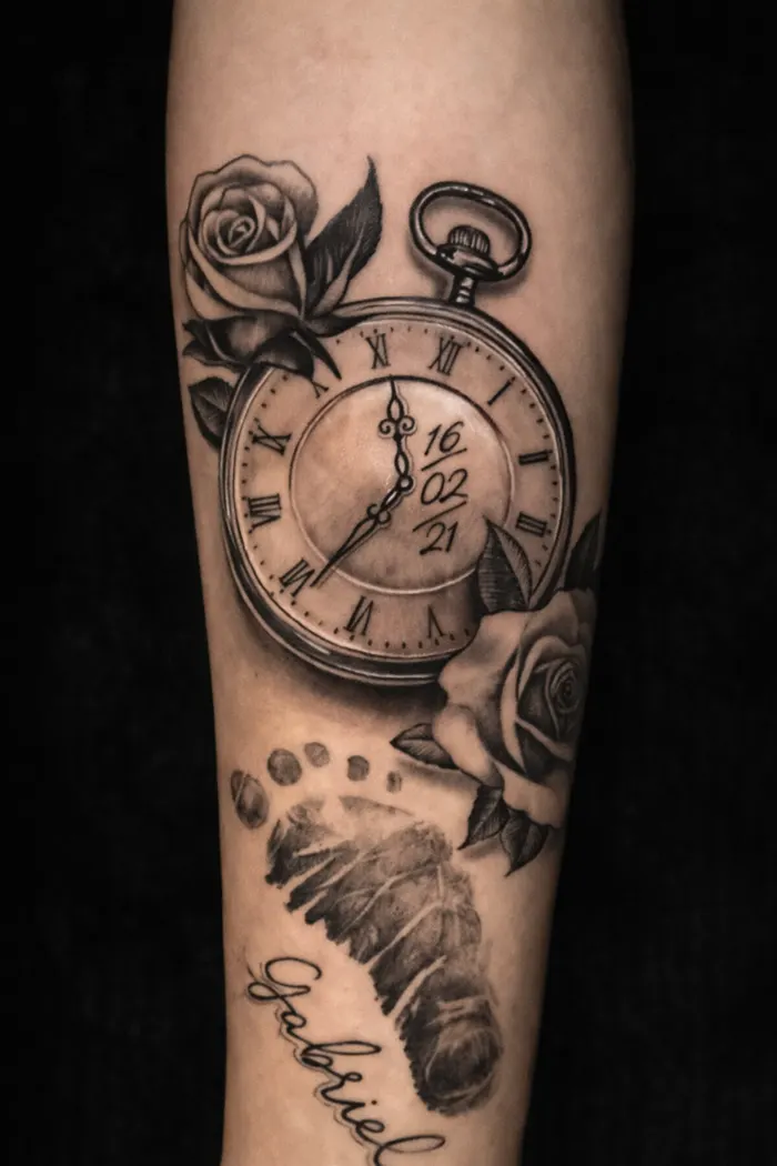 Tatuagem preto e branco de relógio e rosas